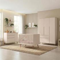 Quarto de Bebê Completo 3 Peças Berço Minicama 2 em 1, Cômoda e Guarda-Roupa Retrô 100% MDF Melinda Off White