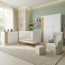 Quarto de Bebê Completo 5 Peças em MDF com Berço Americano, Guarda Roupa, Cômoda e Poltrona com Puff Ayla Branco