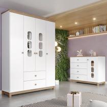 Quarto de Bebê Completo Aconchego 5 Portas 6 Gavetas com Vidro Branco/Jequitibá - Henn