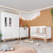 Quarto de Bebê Completo Berço 3 em 1 com Guarda Roupa 4 Portas e Cômoda Retrô Theo Espresso Móveis Branco/Jequitibá HP Quarto de Bebê Completo Berço 3 em 1 com Guarda Roupa 4 Portas e Cômoda Retrô Theo Espresso Móveis Branco/Jequitibá HP