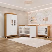 Quarto de Bebê Completo Berço 3 em 1 Gabrielle Guarda Roupa 3 Portas Cômoda com Porta Fraldario Infantil Cor Amadeirado Carolina Baby