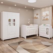 Quarto de Bebê Completo Berço 3 em 1 Gabrielle Guarda Roupa 4 Portas Cômoda com Porta Fraldario Infantil Branco Carolina Baby