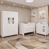 Quarto de Bebê Completo Berço 3 em 1 Gabrielle Guarda Roupa 4 Portas Cômoda com Porta Fraldario Infantil Branco Carolina Baby