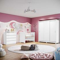 Quarto de Bebê Completo Berço 3 em 1 Grade de Madeira Retrô Guarda Roupa 3 Portas Cômoda com Porta Fraldario Infantil Branco Carolina Baby