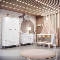 Quarto de Bebê Completo Berço 3 em 1 Grades de Madeira Guarda Roupa 3 Portas Cômoda com Porta Fraldario Infantil Branco Carolina Baby