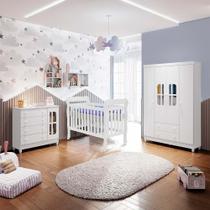 Quarto de Bebê Completo Berço 3 em 1 Guarda Roupa 4 Portas Cômoda com Porta Fraldario Infantil Branco Carolina Baby