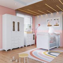 Quarto de Bebê Completo Berço 3 em 1, Guarda-Roupa 4 Portas e Cômoda 100% MDF Aurora Espresso Móveis Branco/Brilho