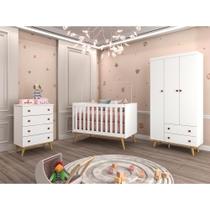 Quarto de Bebê Completo Berço 3 em 1 Retro Guarda Roupa 3 Portas Cômoda 4 Gavetas Infantil Branco Carolina Baby