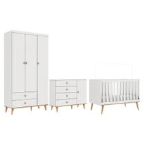 Quarto de Bebê Completo Berço 3 em 1 Retro Guarda Roupa 3 Portas Cômoda com Porta Fraldario Infantil Branco Carolina Baby