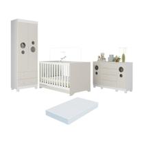 Quarto De Bebê Completo Berço Americano 3 Em 1 Colchão Bombom Multimóveis MP4642 Branco-off White