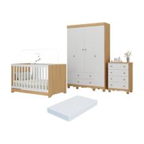 Quarto De Bebê Completo Berço Americano 3 Em 1 Colchão Dengo Multimóveis MP4604 Madeirado-branco