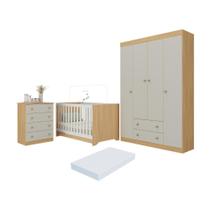 Quarto De Bebê Completo Berço Americano 3x1 Colchão Encanto Multimóveis MP4601 Madeirado-off White