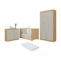 Quarto De Bebê Completo Berço Americano 3x1 Colchão Encanto Multimóveis MP4605 Madeirado-off White