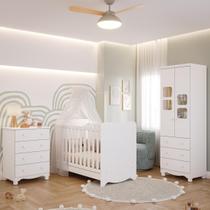 Quarto de Bebê Completo Berço Americano Ben 3 Em 1 Cômoda Júnior Simples 4 Gavetas Guarda Roupa Uli 2 Portas 3 Gavetas Branco Carvalho 100% MDF Móveis