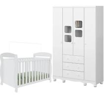 Quarto de Bebê Completo Berço Americano Marquesa 3 Em 1 Guarda Roupa Uli 4 Portas 3 Gavetas Branco Carvalho 100% MDF Móveis Peroba