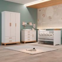 Quarto de Bebe Completo Berço Eloa 3 em 1 e Comoda Hellen Fraldário e Guarda-Roupa 3 Portas Hellen Branco/Bétula