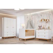Quarto de Bebê Completo Biscoito 3 Peças (Guarda Roupa+Berço+Cômoda) QI106 Branco/Nature - Permóbili Baby