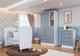 Quarto de Bebê Completo com 1 Berço 1 Cômoda 1 Guarda Roupa Arco-Íris Móveis Percasa Branco/Azul