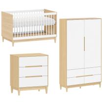 Quarto de Bebê Completo com Berço 2 em 1, Cômoda 3 Gavetas e Guarda Roupa 2 portas Tomi Branco com Carvalho