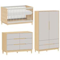 Quarto de Bebê Completo com Berço 2 em 1, Cômoda 6 Gavetas e Guarda Roupa 2 portas Tomi Cinza com Carvalho