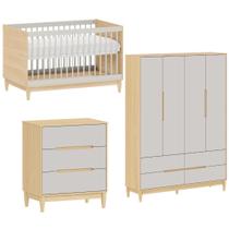 Quarto de Bebê Completo com Berço 2 em 1, Cômoda e Guarda Roupa 4 Portas Tomi Cinza com Carvalho Malva