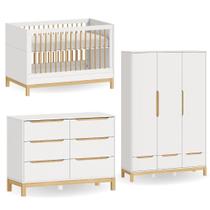 Quarto de bebê completo com Berço 2 em 1, Cômoda e Guarda Roupa Cozy Branco com Carvalho