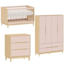 Quarto de Bebê Completo com Berço 2 em 1 vira Mini Cama Cômoda 3 Gavetas e Guarda Roupa 4 Portas Tomi Rosa com Carvalho Brinde Colchão