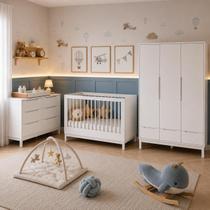 Quarto de bebê completo com Berço 2 em 1, vira Mini Cama Cômoda e Guarda Roupa Cozy Branco Brinde Colchão
