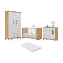Quarto De Bebê Completo Com Berço 3 Em 1 Colchão Incluso Aurora Multimóveis MP4568 Madeirado-branco