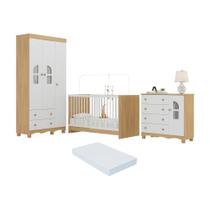 Quarto De Bebê Completo Com Berço 3 Em 1 Colchão Incluso Aurora Multimóveis MP4576 Madeirado-branco