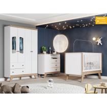 Quarto de Bebê Completo com Berço, Cômoda e Guarda-roupa Confete Henn - Branco/ Jequitibá HP Quarto de Bebê Completo com Berço, Cômoda e Guarda-roupa Confete Henn - Branco/ Jequitibá HP