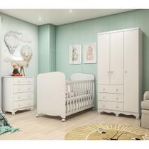 Quarto de Bebê Completo com Berço Guarda Roupa 3 Portas e Cômoda 100% MDF Mimo Branco/Brilho