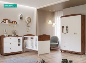 Quarto de Bebê Completo com Berço Mini Cama Conforto, Cômoda 1 Porta e Guarda Roupa 4 portas Fofura Permobili Savana/Branco