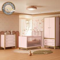 Quarto de Bebê Completo com Berço Slim Cômoda e Roupeiro Flora Rosa Qmovi Colchão Gazin