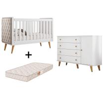 Quarto de Bebê Completo com Colchão Berço Mini Cama Capitonê Cômoda com Porta Fraldario Infantil Branco Carolina Baby