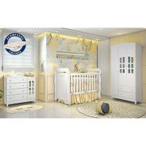 Quarto de Bebê Completo com Colchão Berço Mini Cama Provençal Lisa Guarda Roupa 3 Portas Cômoda com Porta Fraldario Infantil Branco Carolina Baby