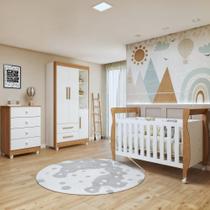 Quarto de Bebê Completo com Cômoda, Berço com Colchão e Guarda Roupas Mia Branco/Amadeirado