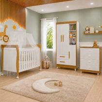 Quarto de Bebê Completo com Cômoda, Berço com Colchão e Guarda Roupas Mia Branco/Amadeirado Quarto de Bebê Completo com Cômoda, Berço com Colchão e Guarda Roupas Mia Branco/Amadeirado