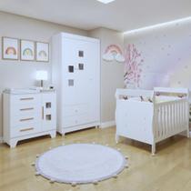 Quarto de Bebê Completo com Cômoda, Berço com Colchão e Guarda Roupas Mila Branco