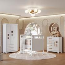 Quarto de Bebê Completo com Cômoda, Berço com Colchão e Guarda Roupas Mila Branco