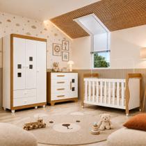 Quarto de Bebê Completo com Cômoda, Berço e Guarda Roupas Mila Branco/Amadeirado - Tigus Baby Quarto de Bebê Completo com Cômoda, Berço e Guarda Roupas Mila Branco/Amadeirado - Tigus Baby