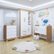 Quarto de Bebê Completo com Cômoda, Mini Berço com Colchão e Guarda Roupas Lila Amadeirado/Branco