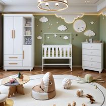 Quarto de Bebê Completo com Cômoda, Mini Berço com Colchão e Guarda Roupas Lila