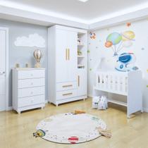 Quarto de Bebê Completo com Cômoda, Mini Berço com Colchão e Guarda Roupas Lila