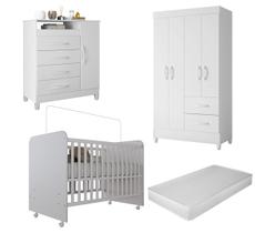 Quarto de Bebê Completo com Guarda-Roupa 3 Portas, Cômoda e Berço com Rodinhas Branco Moderno, Seguro e Funcional Quartinho do Bebê Com Colchão