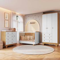 Quarto de Bebê Completo com Guarda-roupa 3 Portas Cômoda Pingo e Berço 4em1 Minicama Zuri em MDF Móveis Peroba