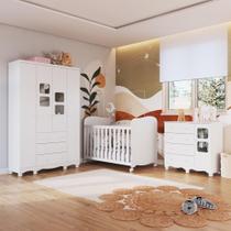 Quarto de Bebê Completo com Guarda Roupa 4 Portas com Janelas Cômoda e Berço 100% MDF Mimo Espresso Móveis Branco Brilho