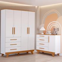Quarto de Bebê Completo com Guarda Roupa 4 Portas Cômoda 4 Gavetas Retrô MDF Faura