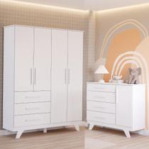 Quarto de Bebê Completo com Guarda Roupa 4 Portas Cômoda 4 Gavetas Retrô MDF Faura