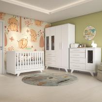 Quarto de Bebê Completo com Guarda Roupa com Janela Berço e Cômoda 100% MDF Retrô Kakau Espresso Móveis Branco/Brilho